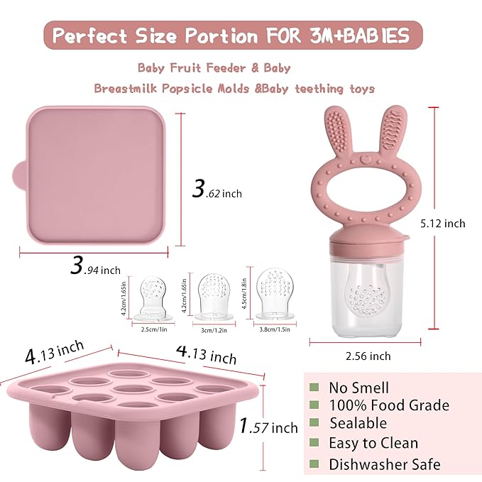 WAJIAYON Baby Breastmilk Popsicle Molds & Baby Fruit Feeder (2 Pack), Baby Food Freezer Tray Storage Containers, Silicone Teething Pacifier Feeder and Teether for Babies,Baby Feeder-Pink