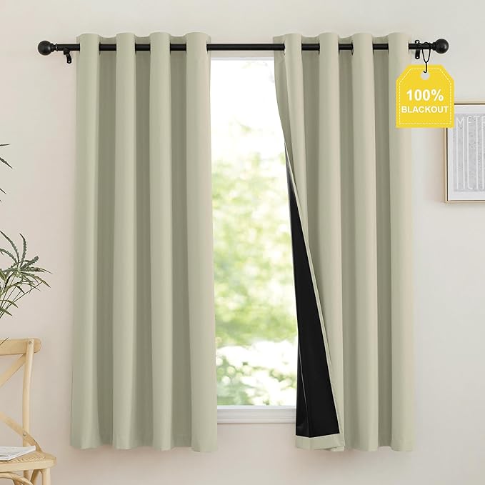 NICETOWN 100% Blackout Portable Curtains, Grommet Total Privacy Window Treatments Thermal Curtains Lightweight Travel Blackout Shades for Bedroom/Hotel, Muted Beige, W52 x L63, 2 Panels
