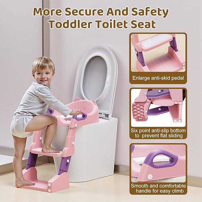Potty Training Seat, 3-in-1 Toddler Toilet Seat with Step Stool Ladder, Splash Guard Anti-Slip Pad, Foldable Potty Chair with Soft Cushion for Toddler Kids Boys Girls
