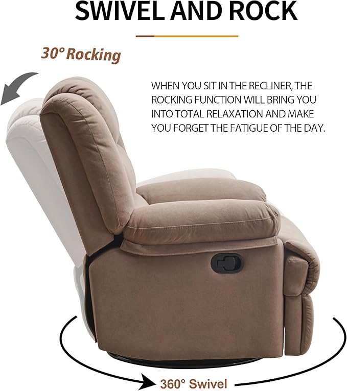 Swivel Rocking Recliner Chair for Adults, Overstuffed Manual Glider Rocker Recliner Chairs, Upholstered Reclining Single Sofa for Living Room Nursery (Mocha)