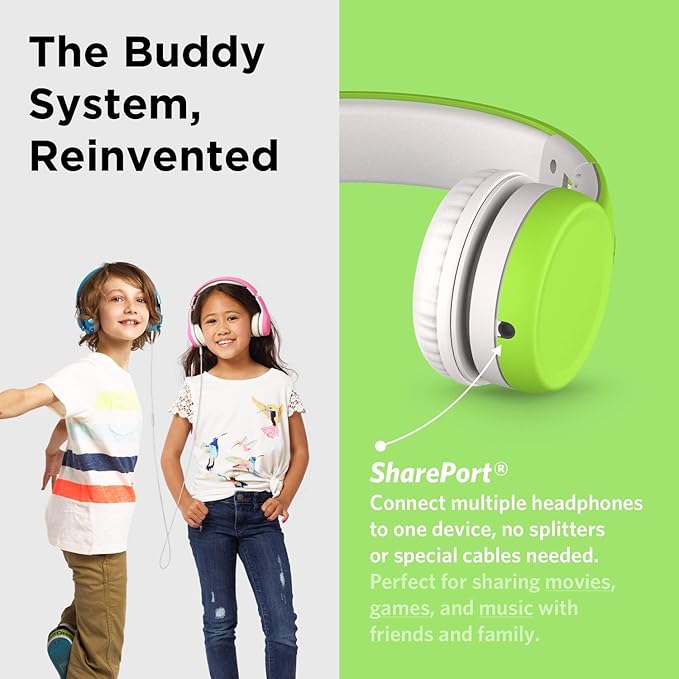 LilGadgets Connect+ Wired Kids Headphones for School with Mic, Volume Limited & Noise Reduction, On-Ear Headset with Cord, SharePort Technology for Multiple Kids & SoftTouch Padding, Green