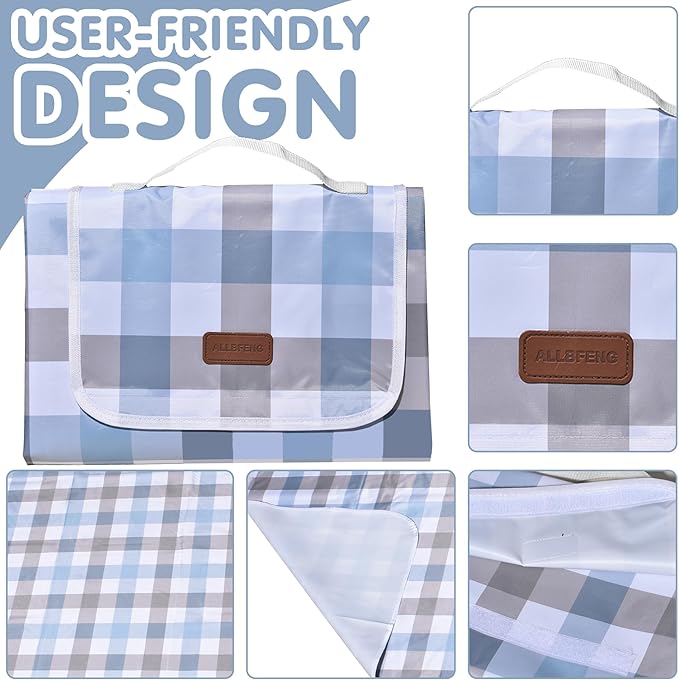 80"x80" Extra Large Waterproof Outdoor Mat - Sandproof Foldable Picnic Blanket for Family Camping, Backyard, Beach Parties - Heavy Duty & Easy Storage (Blue&Gray)
