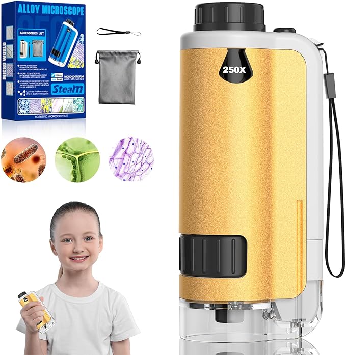 Portable Microscope for Kids, 100x-250x Zoom with LED Lights, Alloy Pocket Microscope for Boys & Girls, Educational Science Kit (Gold)