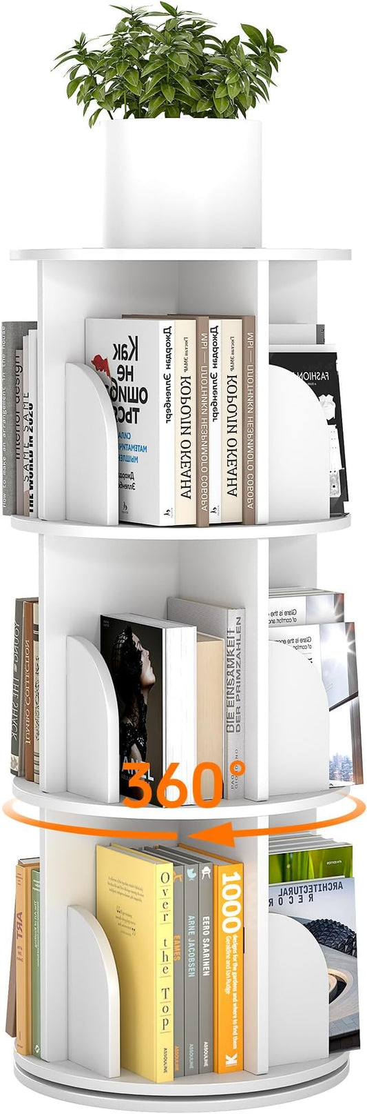 Rotating 3-Tier Bookshelf, 360° Spinning Corner Bookcase with Lazy Susan, White Space Saving Organizer for Study Room, Home Office, Kids Rooms, Bedroom, Adults & Kids