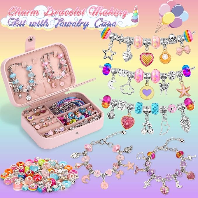 Charm Bracelet Making Kit with Jewelry Case with Charm Pendant Bracelet Kit Jewelry Making DIY Art & Craft Kit for Birthday Gifts Valentine Christmas
