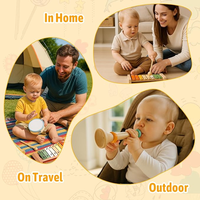 Baby Musical Instruments - Wooden Montessori Toys for Toddlers 1-3, Baby Musical Toys Percussion Instruments Set with Xylophone Tambourine, Neutral Preschool Educational Baby Toys for Boy Girls Gifts