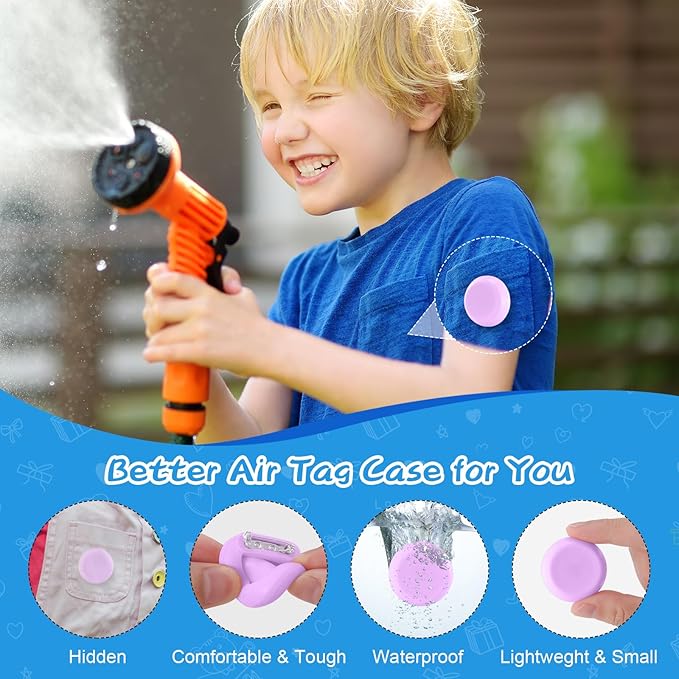 Waterproof Air Tag Holder for Kids, 4 Pack Air Tag Case with Invisible Pin, Soft Silicone Anti-Lost for Apple Air Tag, Used for Children, Elderly, Hidden Inside Clothes, Bag (White/Red/Pink/Purple)