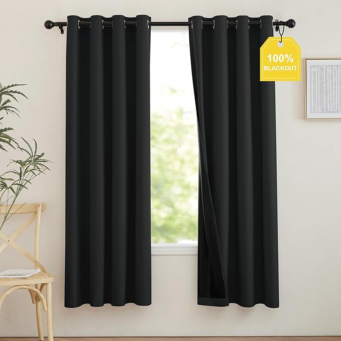 NICETOWN 100% Blackout Curtains 72 inch Long, Grommet Travel Blackout Curtains Thermal Window Treatments Lightweight Easy to Install for Baby/Kids Room, Jet Black, W52 x L72, 2 Panels