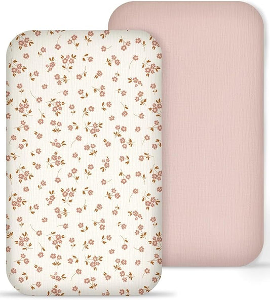 Muslin Bedside Bassinet Sheets 2 Pack, 33x20 Fitted Ultra Soft & Breathable Bedside Sleeper Sheets, Ideal for Baby Girl and Boy, Perfect for Newborns (Floral & Pink)