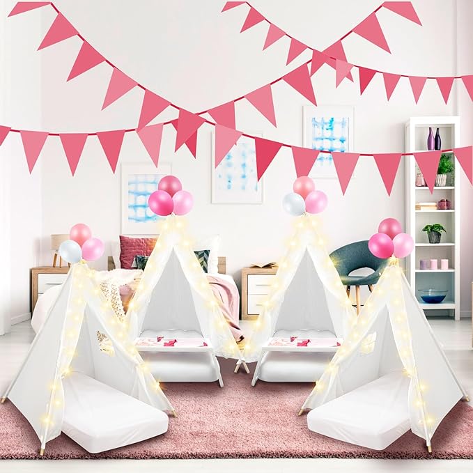 8 Pack Sleepover Tent for Girls Party,Teepee Tent for Kids Slumber Party Bulk with Light String,Air Mattress,Fitted Sheet,Washable Natural Cotton Toddler Teepee Indoor Outdoor(White)