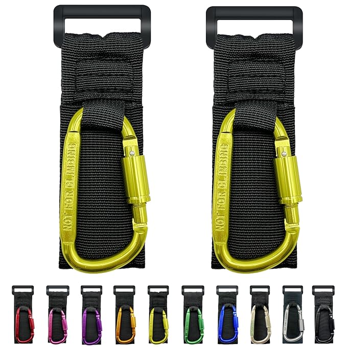 Baby Stroller Hook, Carry 30 lbs per Stroller Carabiner Clip, Adjustable Baby Stroller & Car Seat Hook for Hanging Diaper Bag, Wheelchair,Golf cart, Shopping and Pet Cart(2 Pcs Green Gold)