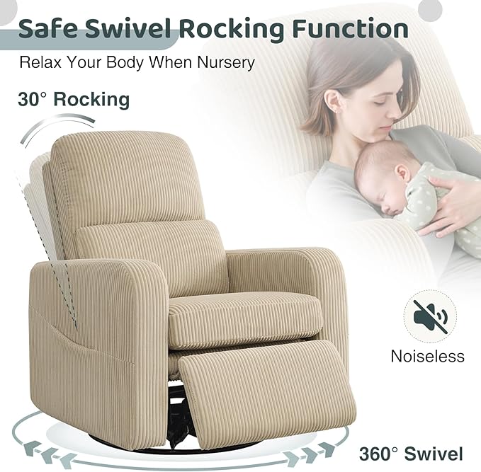 Swivel Rocker Recliner, Oversized Manual Nursery Glider Rocking Recliner Chair with Removable Cushion, Upholstered Swivel Reclining Chair for Nursery Living Room Bedroom, Corduroy Camel