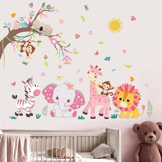Pink Forest Baby Animals Wall Decals - Elephant Lion Giraffe Monkey Zebra Wall Stickers - Nursery Kids Girls Boys Room Daycare Playroom Classroom Wall Decor