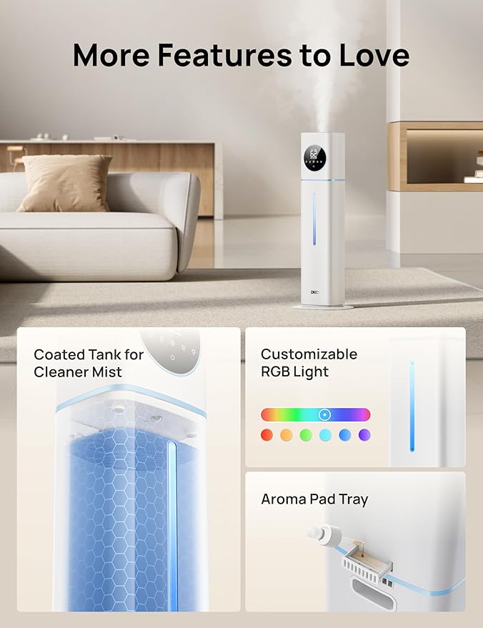 Dreo 11L Smart Humidifier Large Room 700 ft², 100H Cool Mist Air Humidifiers for Bedroom, Top-Fill Self-Cleaning Tank, 26dB, Auto Mode, Aroma Box, RGB Light, Remote & APP Control, Baby, Plant, Blue