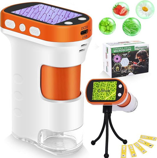 Microscope for Kids 1000x Magnification, 2.4-inch ScreenPocket Microscope with Photo and Video Recording (with Slide Kit) Portable Educational Gift