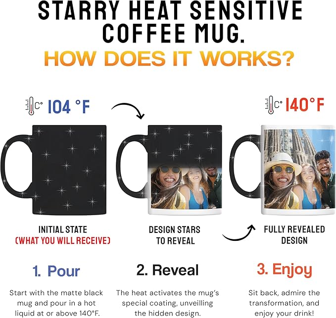 Personalized Coffee Mug – Custom Photo, Text, or Logo Ceramic Magic Mug Tea | Taza Personalizada with Heat Sensitive Color Changing Cup | Customized Gift Idea for Men & Women - Black Starry |11oz