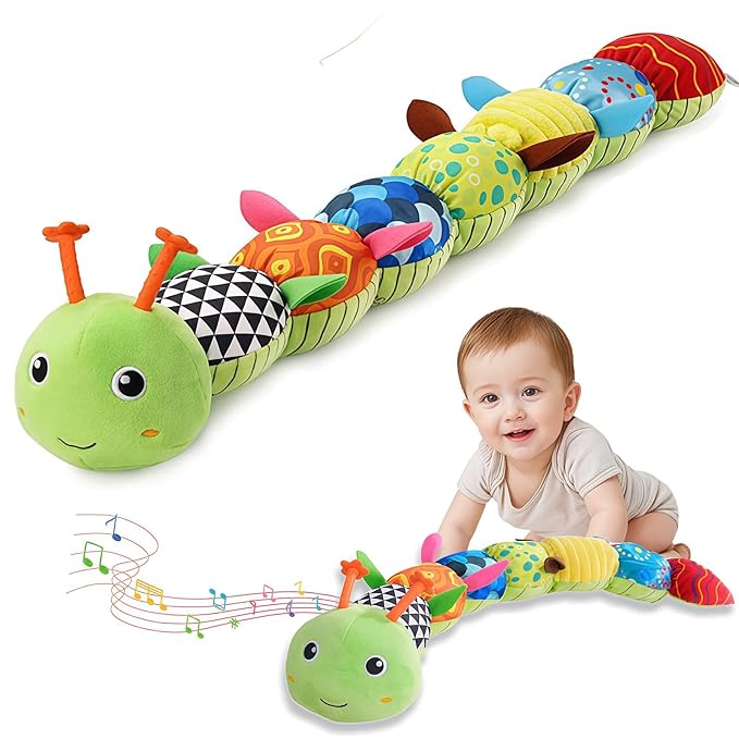 Baby Sensory Toys 0-12 Months, Plush Toys with Music and Rattle, Suitable for Newborn Baby Tummy time, can be Used as a Newborn Birthday, Holiday, Baptism Gift (Green Caterpillar)