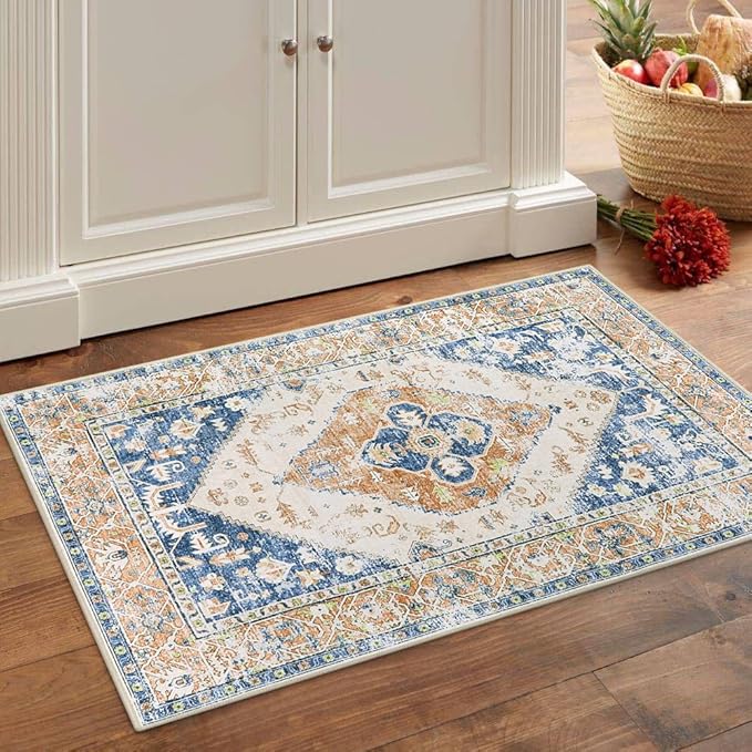 Lahome Boho Small Entryway Rug - 2x3 Non-Slip Washable Rugs for Kitchen Oriental Throw Ultra-Thin Area Rugs for Bedroom Accent Distressed Blue Floor Doormat Carpet for Bathroom Laundry Living Room
