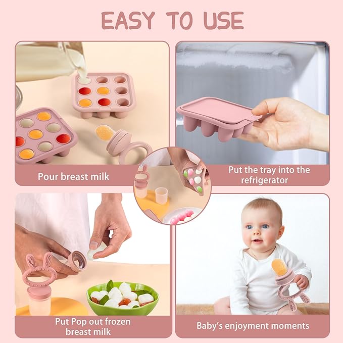 WAJIAYON Baby Breastmilk Popsicle Molds & Baby Fruit Feeder (3 Pack), Baby Food Freezer Tray Storage Containers, Silicone Teething Pacifier Feeder and Teether for Babies,Baby Feeder-Pink
