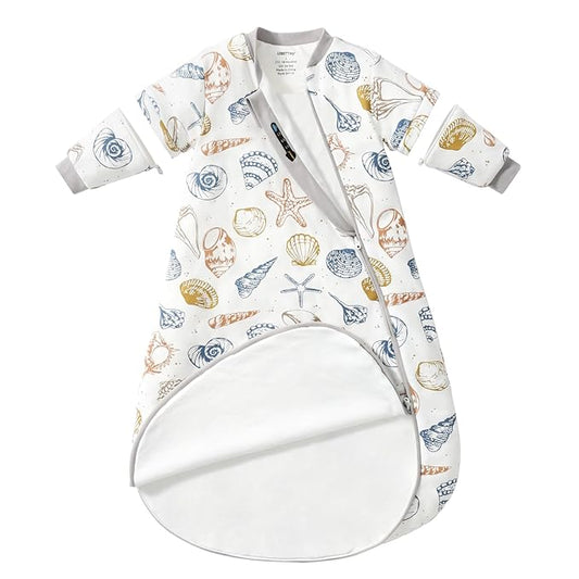 Baby Sleep Sack 18-24 Months, Cotton Detachable Long Sleeve Sleep Sack, 1.0 Tog Toddler Sleeping Sack with Temperature Strips, 2-Way Zipper Wearable Blankets for Newborns, Ocean
