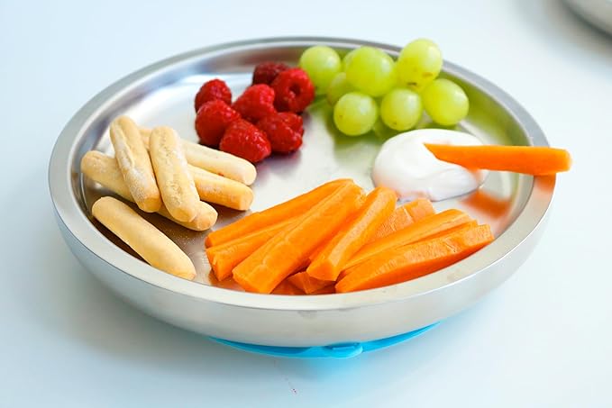 Avanchy Open Baby Plates with Suction – Stainless Steel Divided Plates for Toddlers, BPA-Free, Dishwasher Safe, Unbreakable, Non-Toxic, 100% Silicone Suction – Green