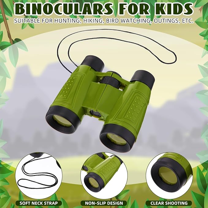 Libima 12 Set Binoculars for Kids with Neck String with Magnifying Glass and Compass Green, Toy for Boys and Girls for Bird Watching Camping Outdoor Explorer Kit Camping Outdoor Toys