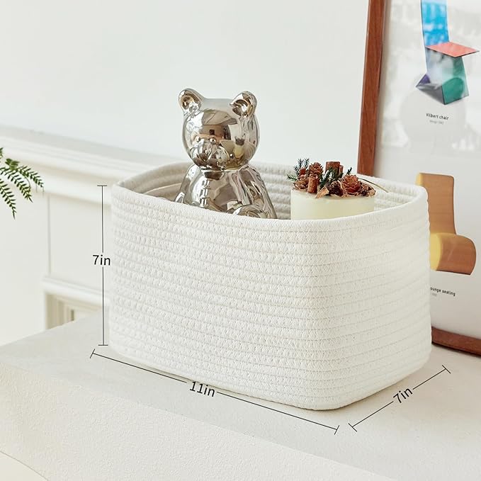 Small Cotton Rope Storage Basket Set of 3-11"x7"x7" Perfect Woven Baskets for Storage, Ideal Storage Baskets for Organizing Toys, Towels, and More - Baskets for Shelves and Home Decor（White）