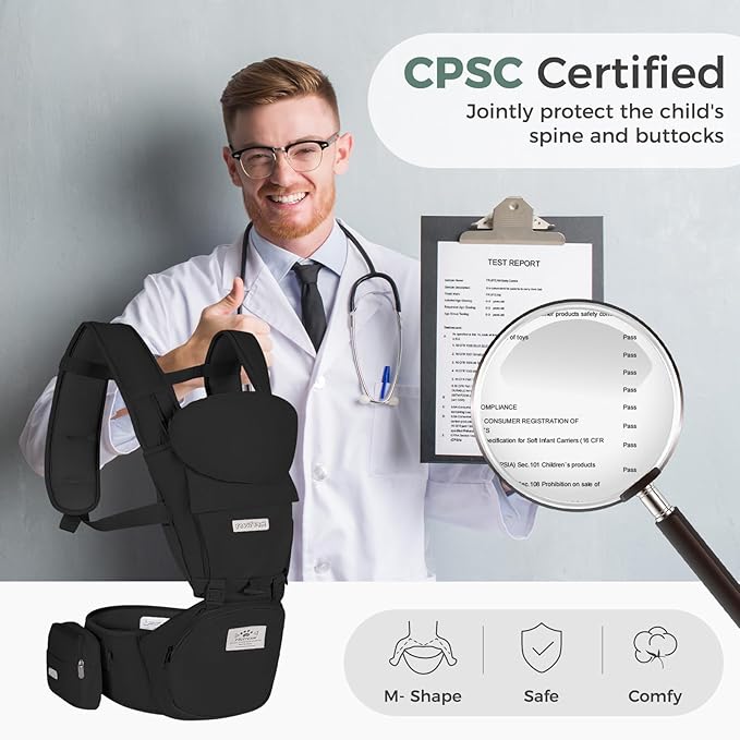 FRUITEAM Baby Carrier Newborn to Toddler 6 in 1 Hip Waist Stool with Head and Lumbar Support, Safety - Certified Hip Seat Carrier, Adjustable & Removable Baby Carrier for All Seasons, Black
