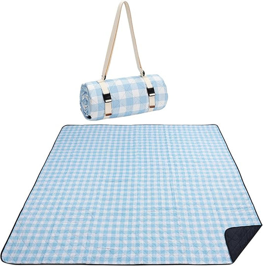 Picnic Blanket, 80''x80'' Waterproof Outdoor Blankets, Picnic Mat Washable for Beach, Picnic Blankets for Camping on Grass with Shoulder Strap - Blue & White