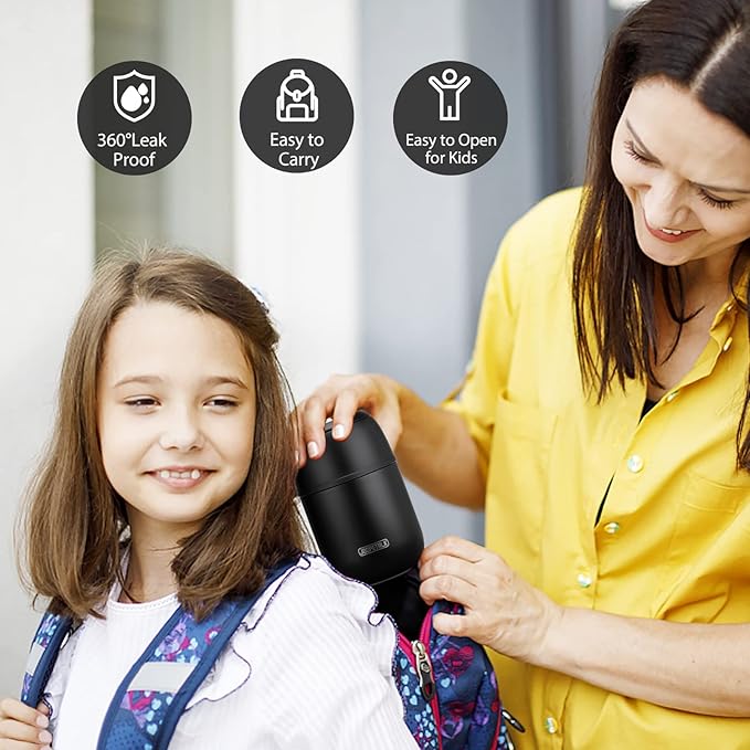 17 oz Insulated Lunch Containers, Black, Vacuum Stainless Steel Thermo Lunch Box with Handle and Folding Spoon for School, Office, Travel