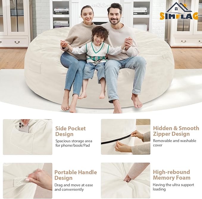 7FT Bean Bag Chair, Large Bean Bag Chairs with Memory Foam Filled, Fluffy Beanbag Sofa with Dutch Velvet Cover, Round BeanBag Chairs for Living Room, Playroom - Beige