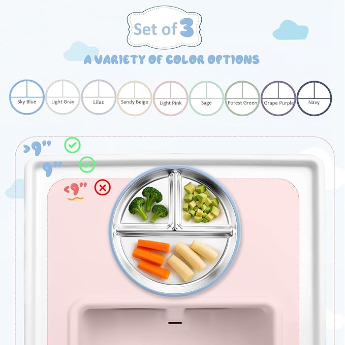 Stainless Steel Suction Plates for Toddlers, 9" Divided Kids Baby Plates with Removable Silicone Suction, Non Toxic Non Slip Portion Control Snack Dishes 3 Packs, Blue Gray Beige