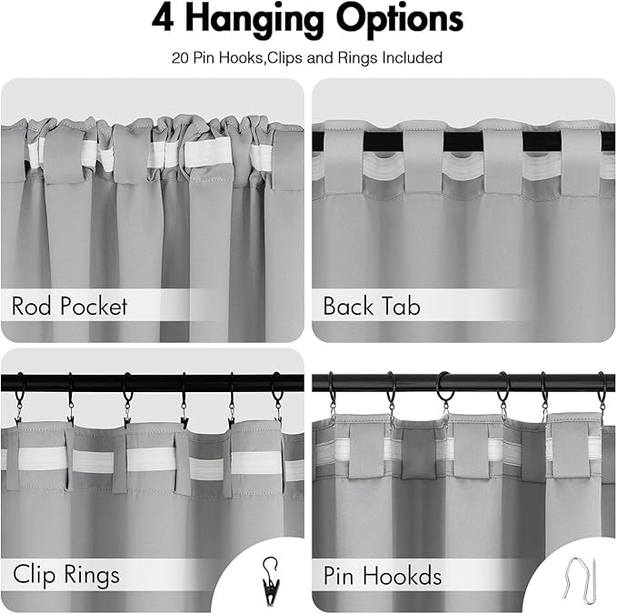 ANRODUO Back Tab Blackout Curtains for Bedroom Living Room, Rod Pocket Pinch Pleated Thermal Insulated Room Darkening Curtains 96 Inches Long 2 Panels, Light Grey, 42 x 96 Inch