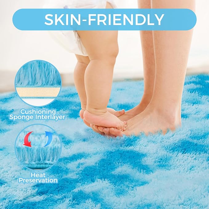 Ultra Soft Rug for Living Room, 5X8 Fluffy Shag Area Rug for Bedroom, Modern Shaggy Carpets Fuzzy Rug for Teens Dorm Nursery Home Decor Aesthetic, Upgrade Anti-Skid Durable, Tie-Dyed Blue