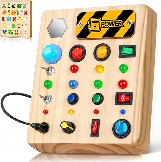 LED Busy Board, Wooden Sensory Toys for Toddler, Montessori Music Toy for Airplane, Travel Activity Educational Learning Toy, Busy Light Switch Autism Toys, Birthday Boys Girls Gifts