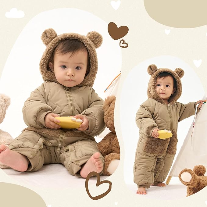 JiAmy Baby Snowsuit Newborn Winter Clothes Coat Romper Windproof Fleece Hat Zipper Baby Bear Outfit
