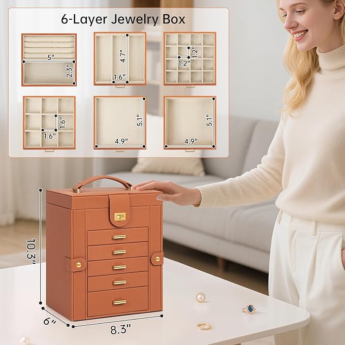AKOZLIN Jewelry Box Organizer Functional Leather Jewelry Storage Case for Women Girls Ring Necklace Earring Bracelet Holder Organizer with Mirror