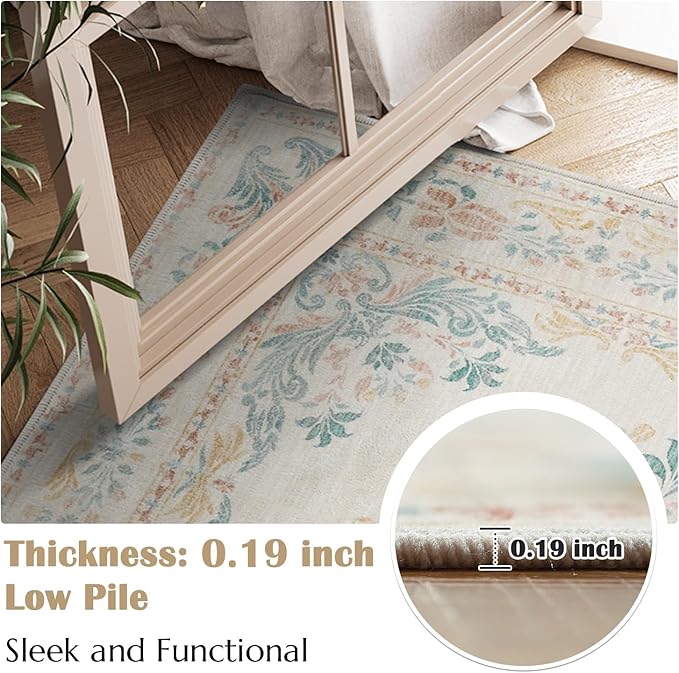 jinchan Spring Floral 2x3 Rugs for Entryway - Vintage Washable Area Rug Ultra-Thin Low Pile Soft Small Non Slip Distressed Indoor Doormat Accent for Entrance Kitchen Bedroom (2x3ft,Apricot Multi)