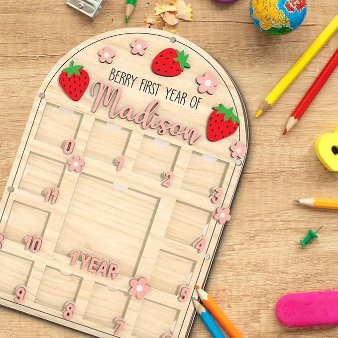 Personalized My First Year Photo Frame | 12 Months Picture Frame For Baby First Year | Displays One 4x4 Pics And Twelve 2x2 Pictures | Birthday Party Decor Newborn Memory Keepsake, Strawberry