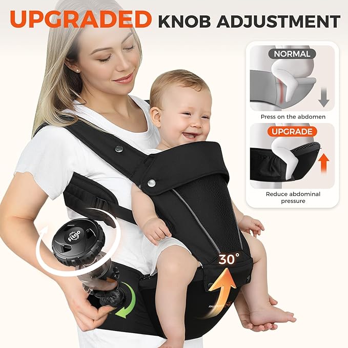 FRUITEAM Baby Carrier, Upgraded Adjustable Knob, 6-in-1 Baby Carrier Newborn to Toddler, Safety-Certified Baby Hip Seat Carrier, Perfect for Travelling Shopping Breastfeeding