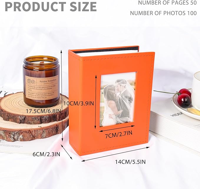 RECUTMS Small Photo Album 4x6 100 Photos Leather Cover with Front Window, Pictures Book for Wedding Family Baby Vacation (Orange)