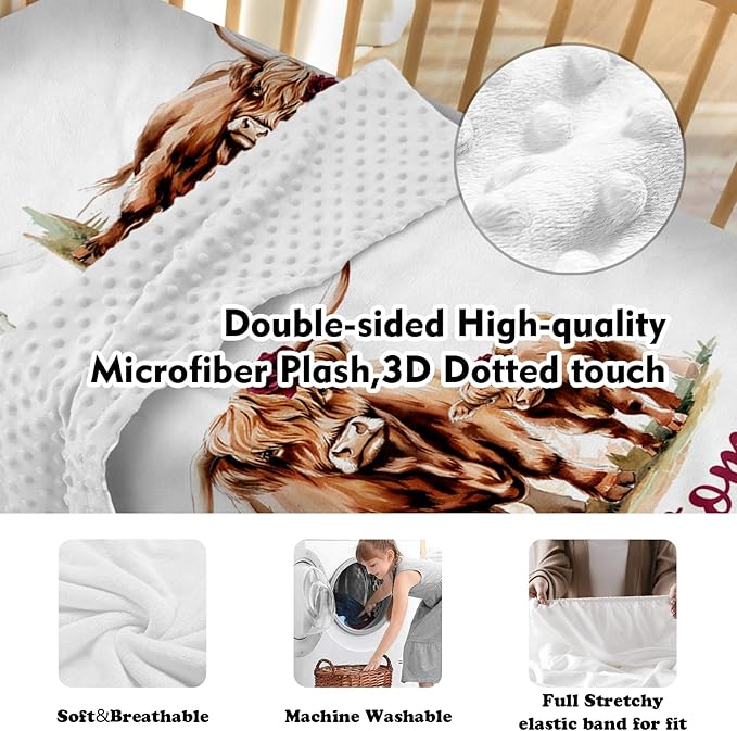 Personalized Nursery Crib Bedding Set: Custom Name 5 Piece Baby Crib Sets with Rose Highland Cow Pattern - Toddler Double Layer Blanket Set, Comfortable Crib Bed Sheets for Baby Grils