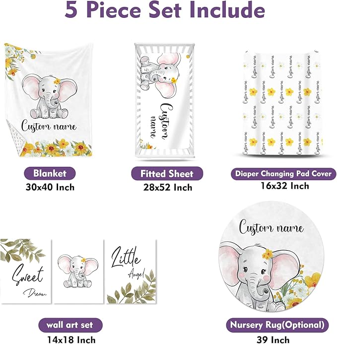 Personalized Nursery Crib Bedding Set: Yellow Floral Custom Name 5 Piece Baby Crib Sets with Elephant Theme - Toddler Double Layer Blanket Set, Comfortable Crib Bed Sheets for Baby Grils