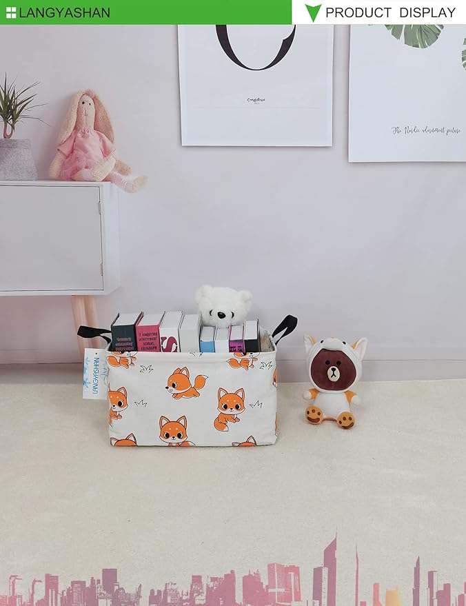 LANGYASHAN Rectangular Storage Bin Collapse Canvas Fabric Cartoon Storage Basket with Handles for Organizing Home Kitchen Boys and Girls Toys Office Closet Shelf Baskets(Rec Fox)