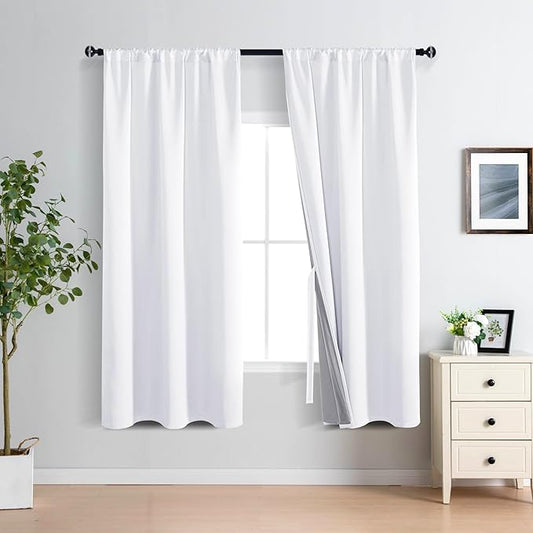 XWZO White 100% Blackout Curtains - Heat and Full Light Blocking Drapes with Black Liner for Bedroom/Laundry Room, Rod Pocket Window Panels with Tiebacks, White, W38 x L72, Set of 2
