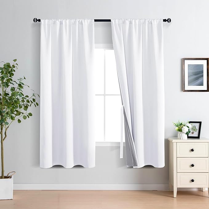 XWZO White Blackout Curtains with Tiebacks - Heat and Full Light Blocking Window Panels for Bedroom/Nursery, 63 Inches Long Rod Pocket Thermal Insulated Draperies, White, W38 x L63, Set of 2