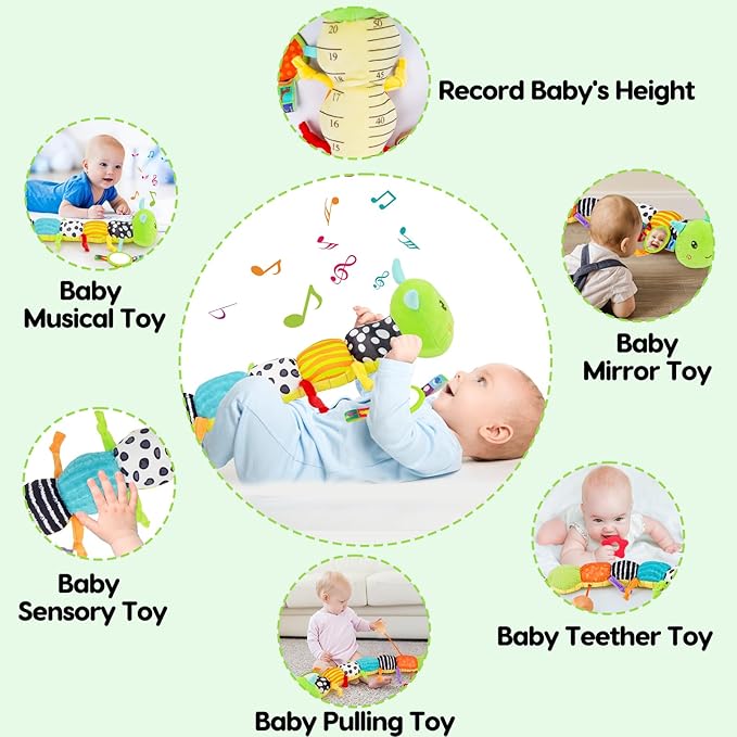 Baby Sensory Toy 0-6 Month Music Animal Stuffed Plush Caterpillar Toy for Infant 0-3-6 Month Tummy Time with Baby Mirror Crinkle Rattle for 6-12 Month Carseat Toys for Newborn Boys Girls Shower 1