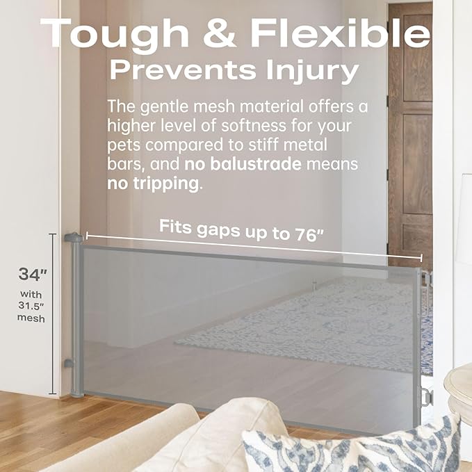 Cumbor 76" Wide Long Retractable Safety Gates for Stairs, Mesh Dog Gate for The House, 34" Tall Extra Wide Pet Gate for Dogs, Long Gates for Doorways, Hallways, Indoor/Outdoor(Gray)