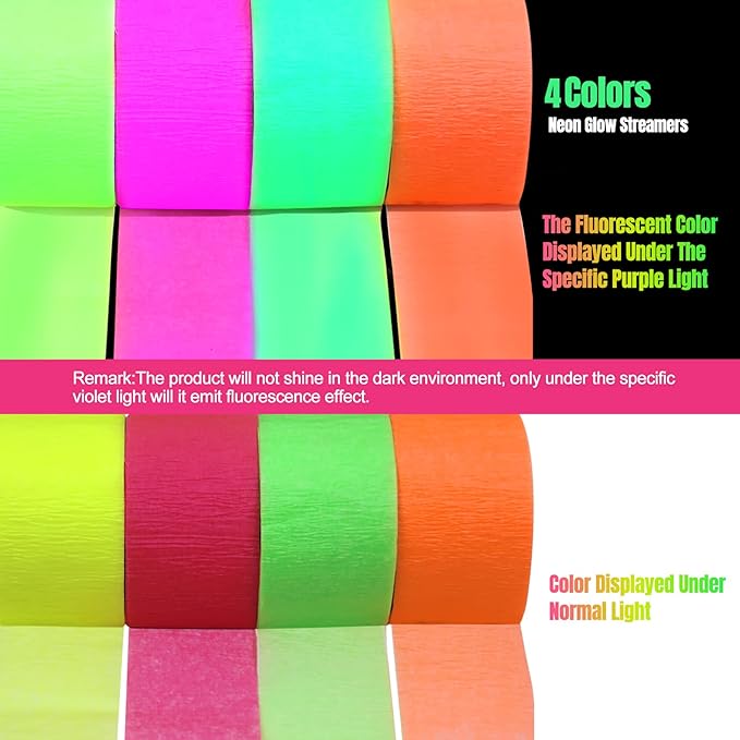 800Feets Neon Glow in The Dark Party Supplies - UV Reactive Fluorescent Crepe Paper Streamers for Wedding, Birthday, Fiesta Decorations