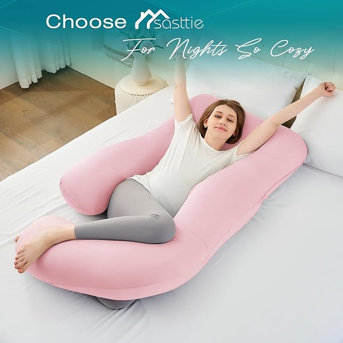 Sasttie Pregnancy Pillows for Sleeping, Jumbo U Shaped Cooling Full Body Pillow with Removable Cover, Pregnant Women Must Haves, Maternity Essential, Light Pink